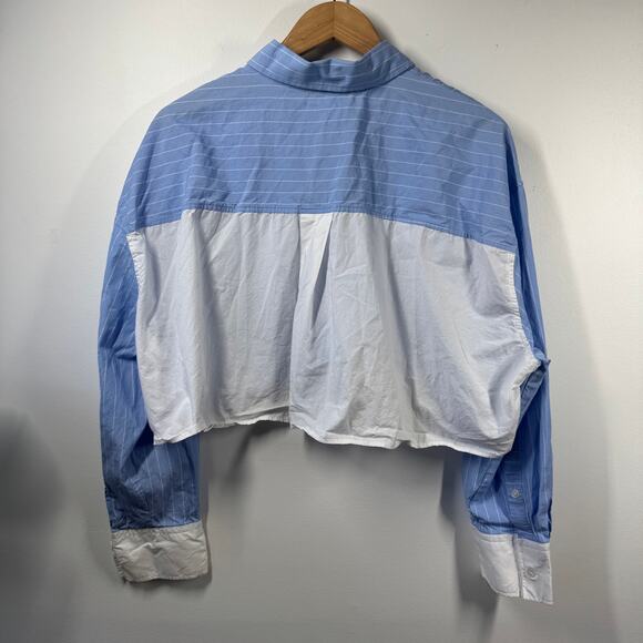 Zara Top Women L Blue White Cropped Button Down Long Sleeve Clean Girl Minimal - Picture 2 of 6